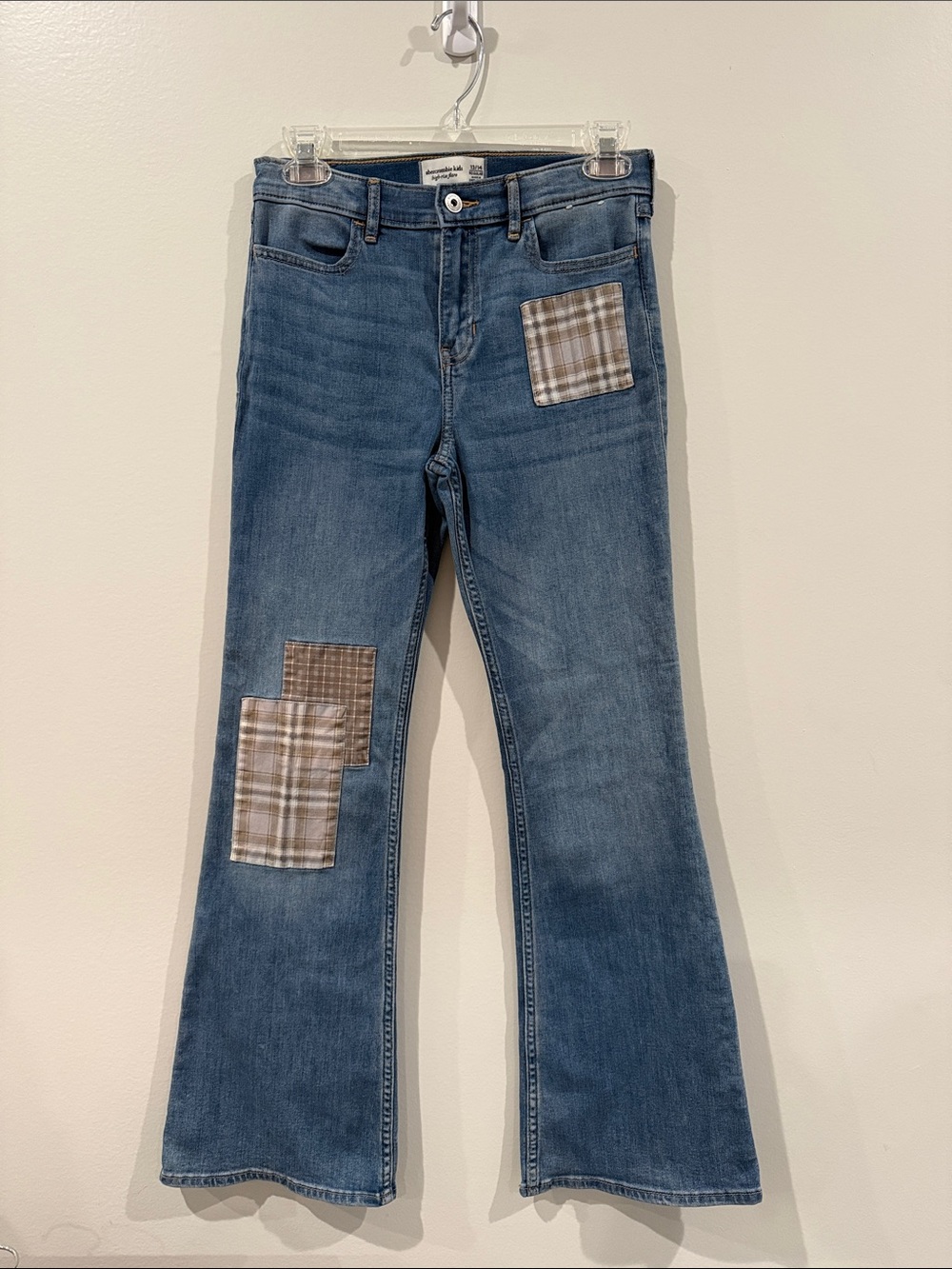 abercrombie kids High-Rise Flare Jeans with Plaid Patches